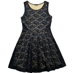 Soprano Womens Dress sz L Black Tan Lined Illusion Pullover Fit & Flare Stretch